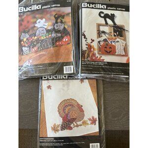 NEW lot 3 Bucilla Table Runner Stamped Cross-Stitch Kit Thanksgiving Halloween